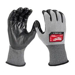 Gray and black Cut Level 3 High Dexterity Polyurethane Dipped Gloves - L, showcasing their protective material and brand label.