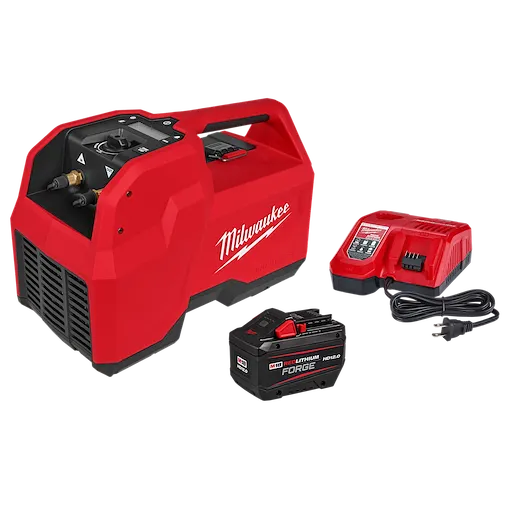 The image features the Milwaukee M18 Brushless Refrigerant Recovery Machine, a red, portable device. It comes with a rechargeable battery pack and a charger, both displayed next to the machine. The machine has multiple control knobs and hose connectors on the front panel.