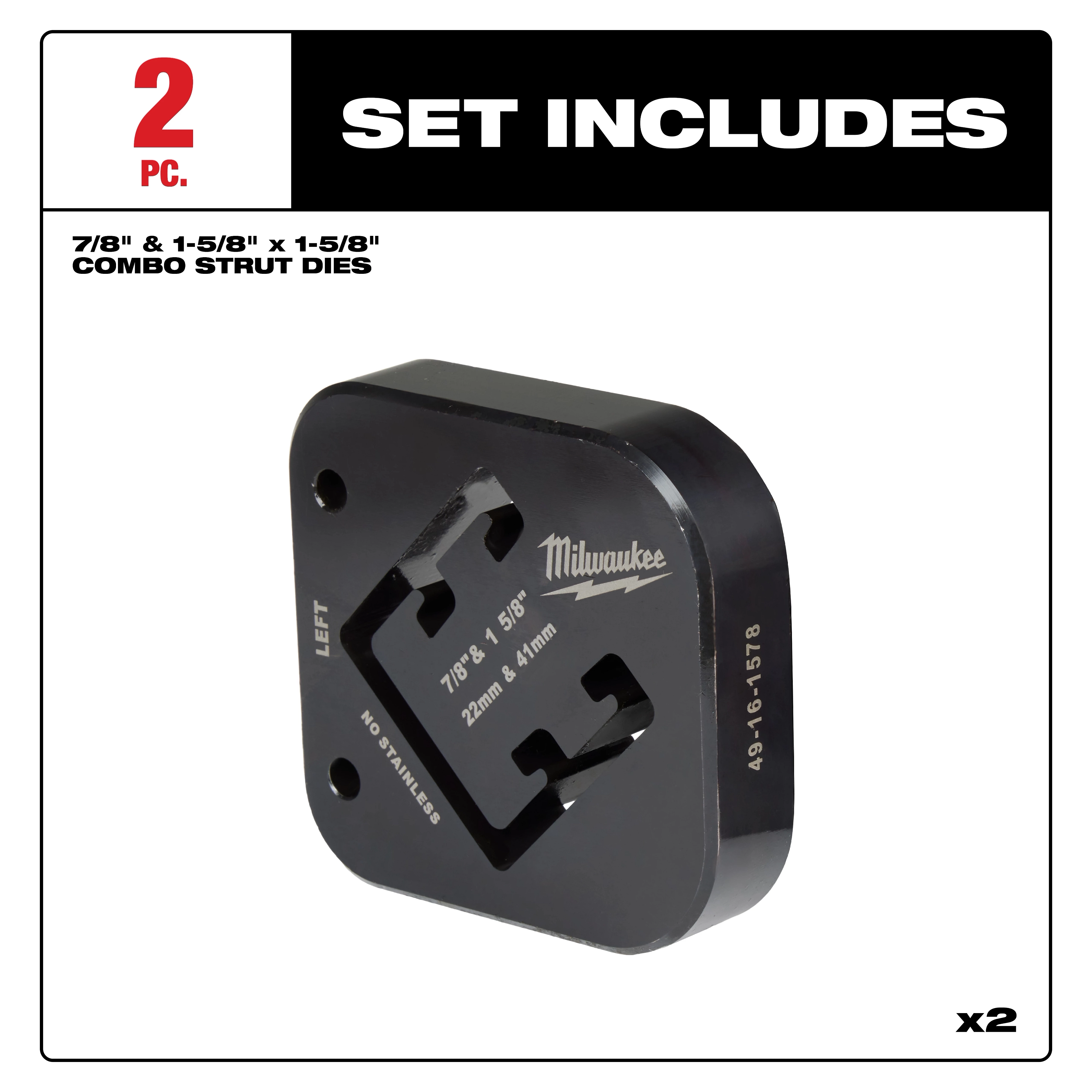 2-piece set of 7/8" & 1-5/8" x 1-5/8" Combination Strut Shearing Dies, designed for specific cutting applications.