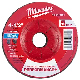 4-1/2" x 1/4" x 7/8" Performance+ Metal Grinding Wheel, Type 27, 5 pack designed for metal and stainless grinding.