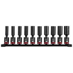 The 10PC SHOCKWAVE Impact Duty 3/8" Drive 6 Point Metric Deep Swivel Socket Set includes ten black sockets sized from 10 to 19. Each socket features prominent sizing labels and red accent rings at the base for easy identification.