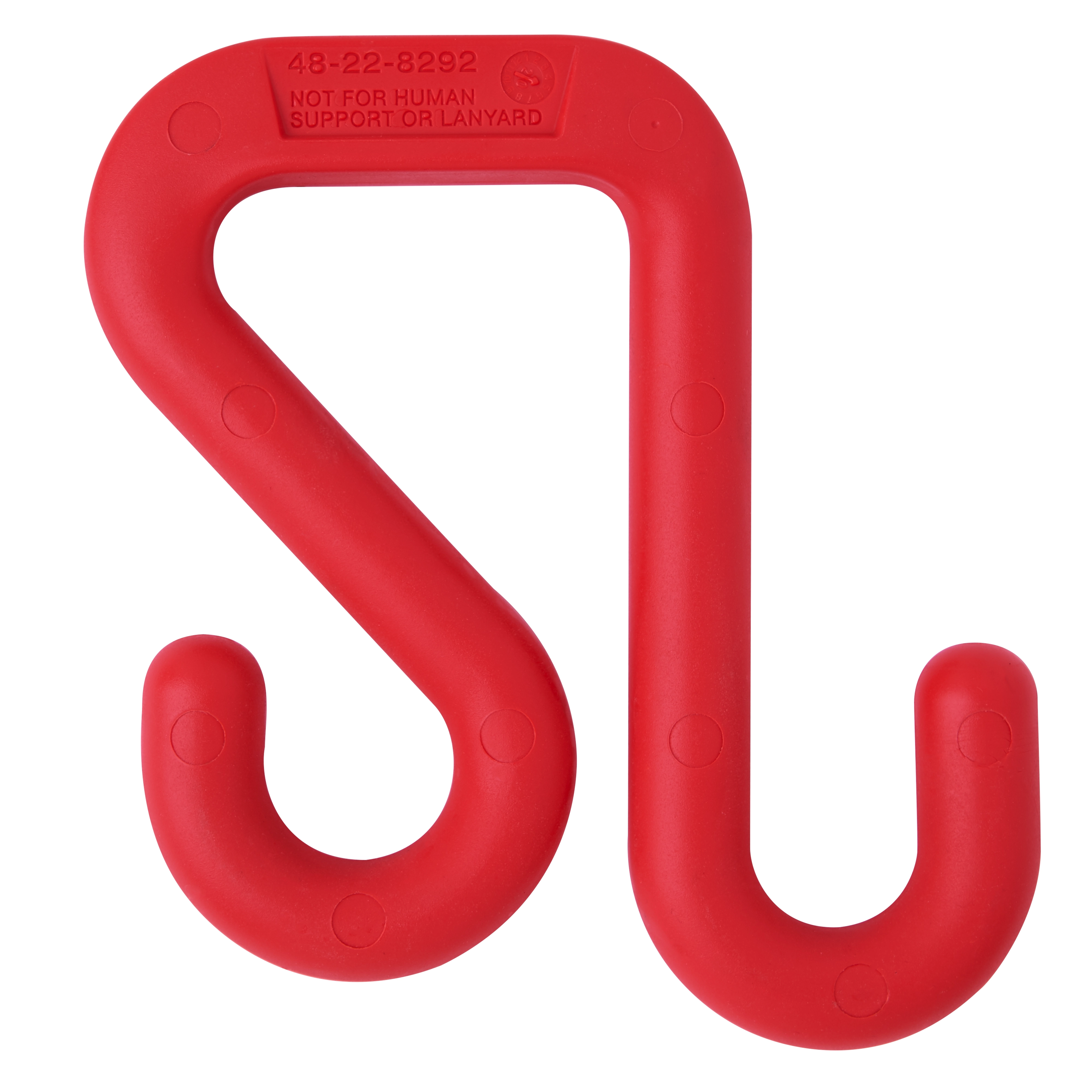 Red, S-shaped 2" Bucket Hook, designed for holding buckets or tools. Marked with a caution message, it is not for human support.