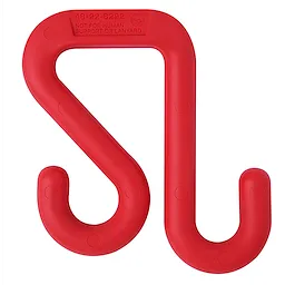 Red, S-shaped 2" Bucket Hook, designed for holding buckets or tools. Marked with a caution message, it is not for human support.