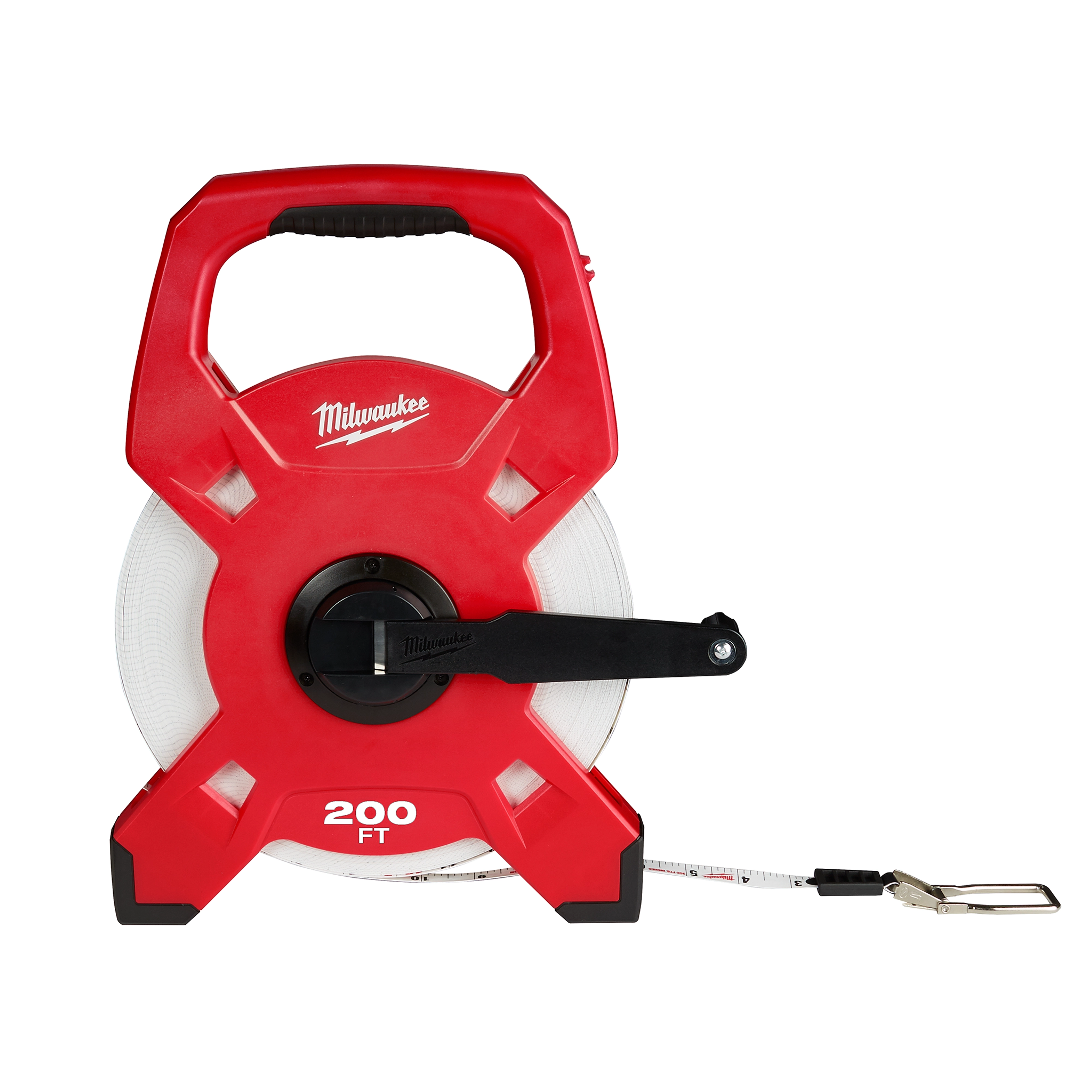 Red and black 200ft Fiberglass Long Tape with a handheld crank and a white measuring tape coiled inside.