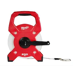 Red and black 200ft Fiberglass Long Tape with a handheld crank and a white measuring tape coiled inside.