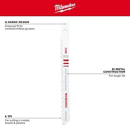 Milwaukee 4" 6TPI U-Shank Multi-Material Bi-Metal Jig Saw Blade features a universal fit, bi-metal construction for durability, and 6 TPI for cutting metals, wood, and plastics.