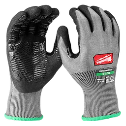 Cut Level 6 High Dexterity Nitrile Dipped Gloves w/ WEARDEFENSE Protection. Gray gloves with black palms and green cuffs.