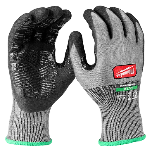 Cut Level 6 High Dexterity Nitrile Dipped Gloves w/ WEARDEFENSE Protection. Gray gloves with black palms and green cuffs.