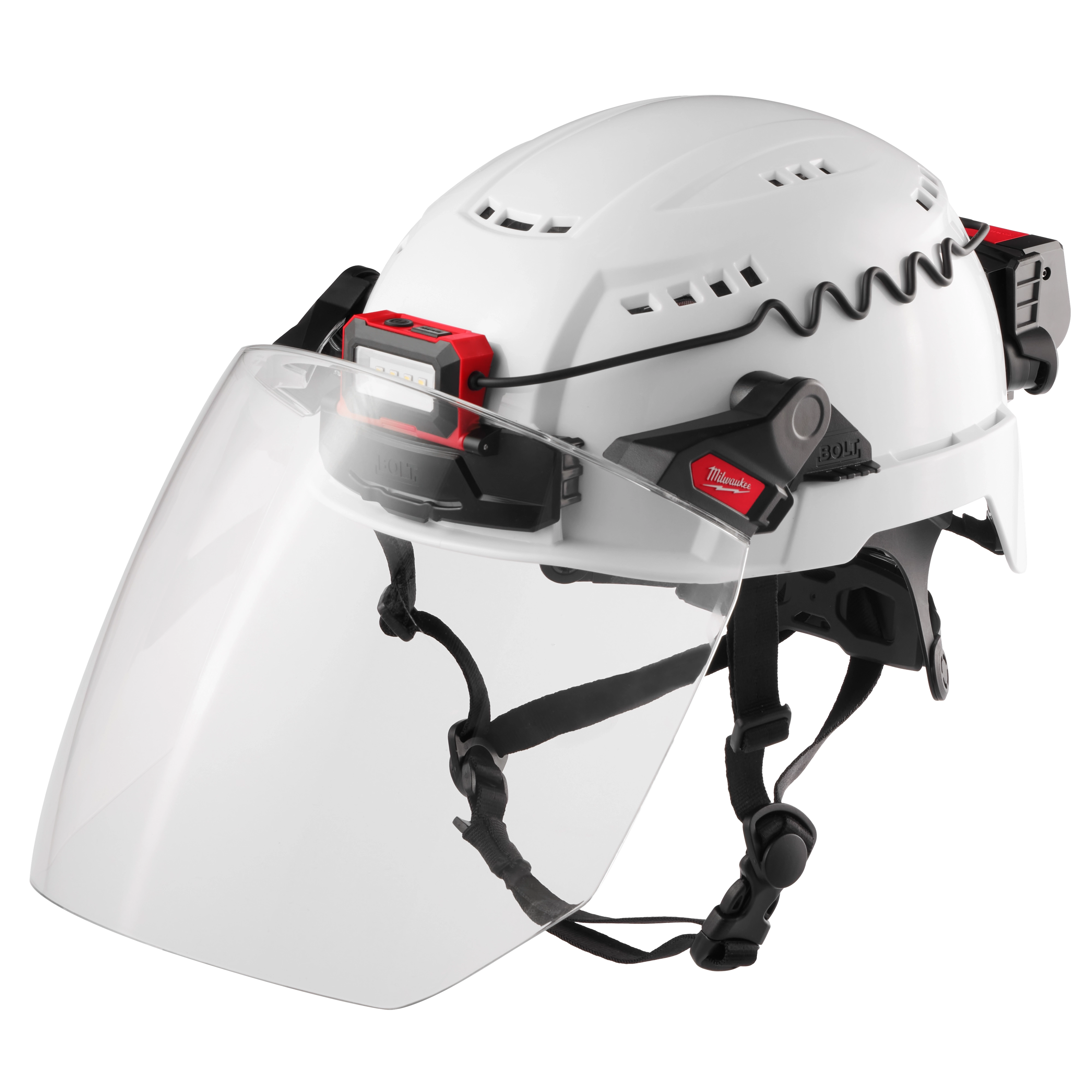 BOLT Full Face Shield Clear Dual Coat Lens attached to a Milwaukee Safety Helmet