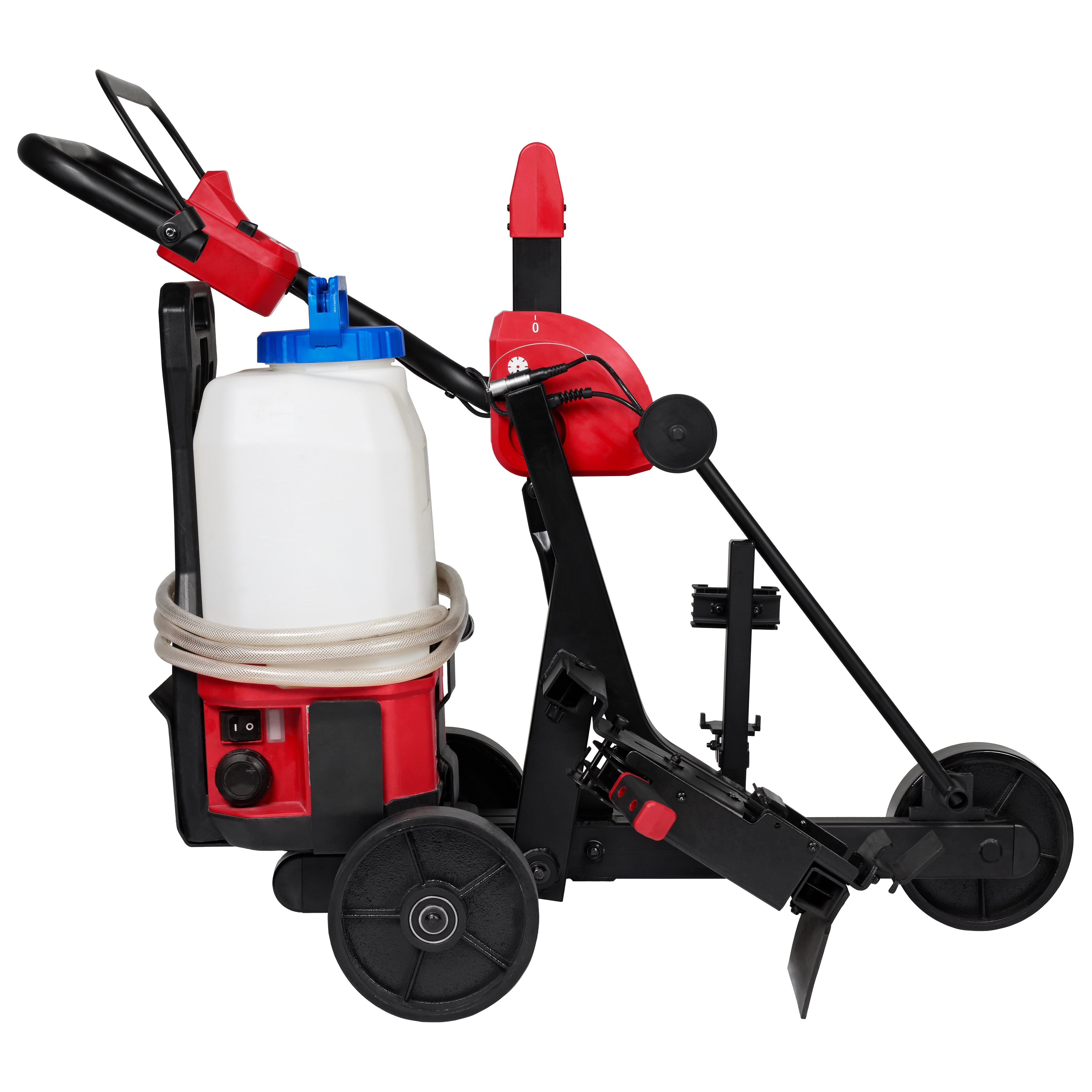 MX FUEL Cut-Off Saw Cart GEN 2 shown in black and red with two wheels and a white water tank, hose attached.