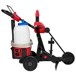 MX FUEL Cut-Off Saw Cart GEN 2 shown in black and red with two wheels and a white water tank, hose attached.