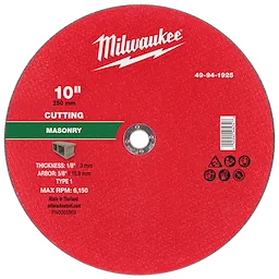 10" x 1/8" x 5/8" Masonry Cut-Off Wheel, Type 1, for cutting masonry. Red with white text and safety icons.