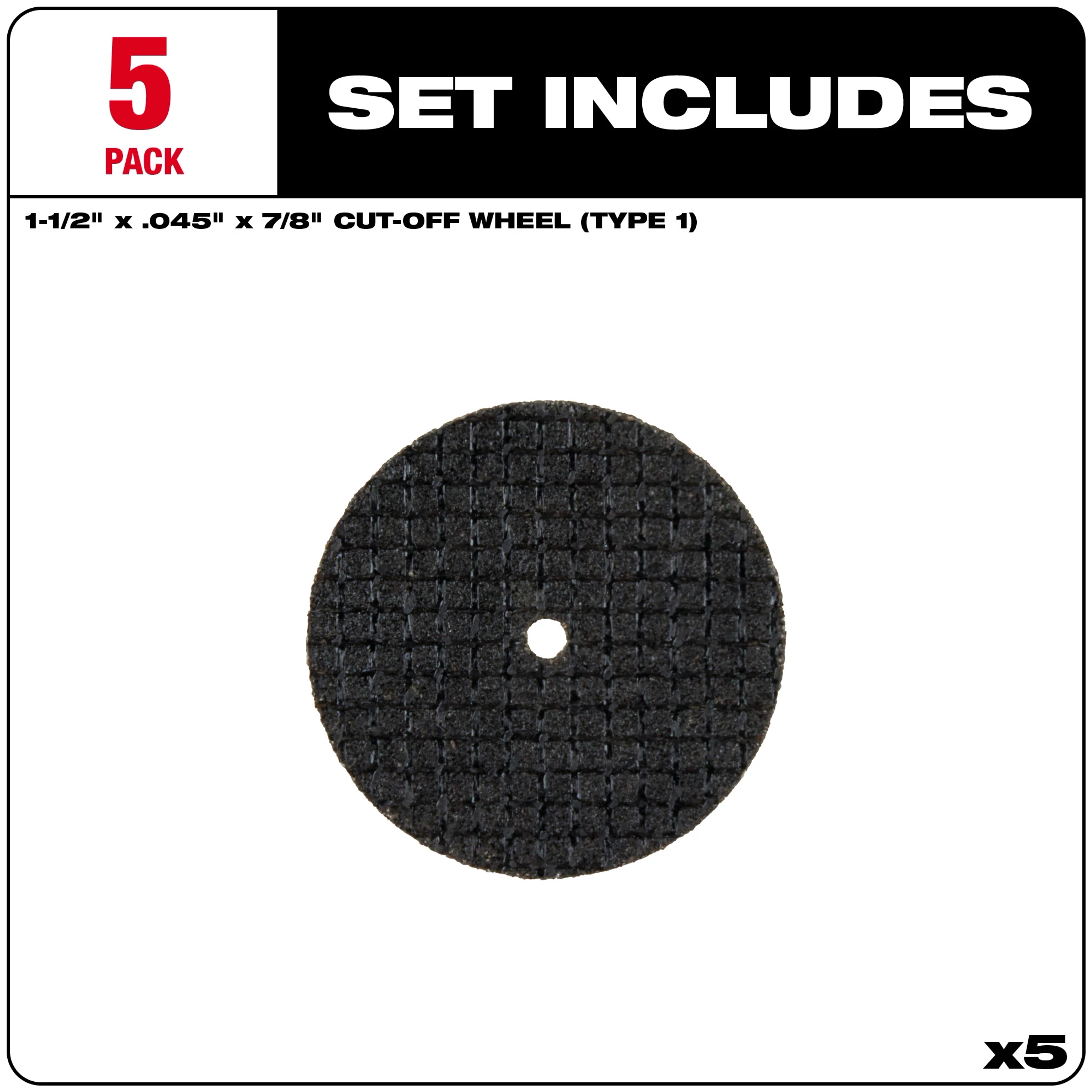 1-1/2" Reinforced Cut-Off Wheels set includes five 1-1/2" x .045" x 7/8" black cut-off wheels with a grid texture and central hole.