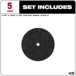 1-1/2" Reinforced Cut-Off Wheels set includes five 1-1/2" x .045" x 7/8" black cut-off wheels with a grid texture and central hole.