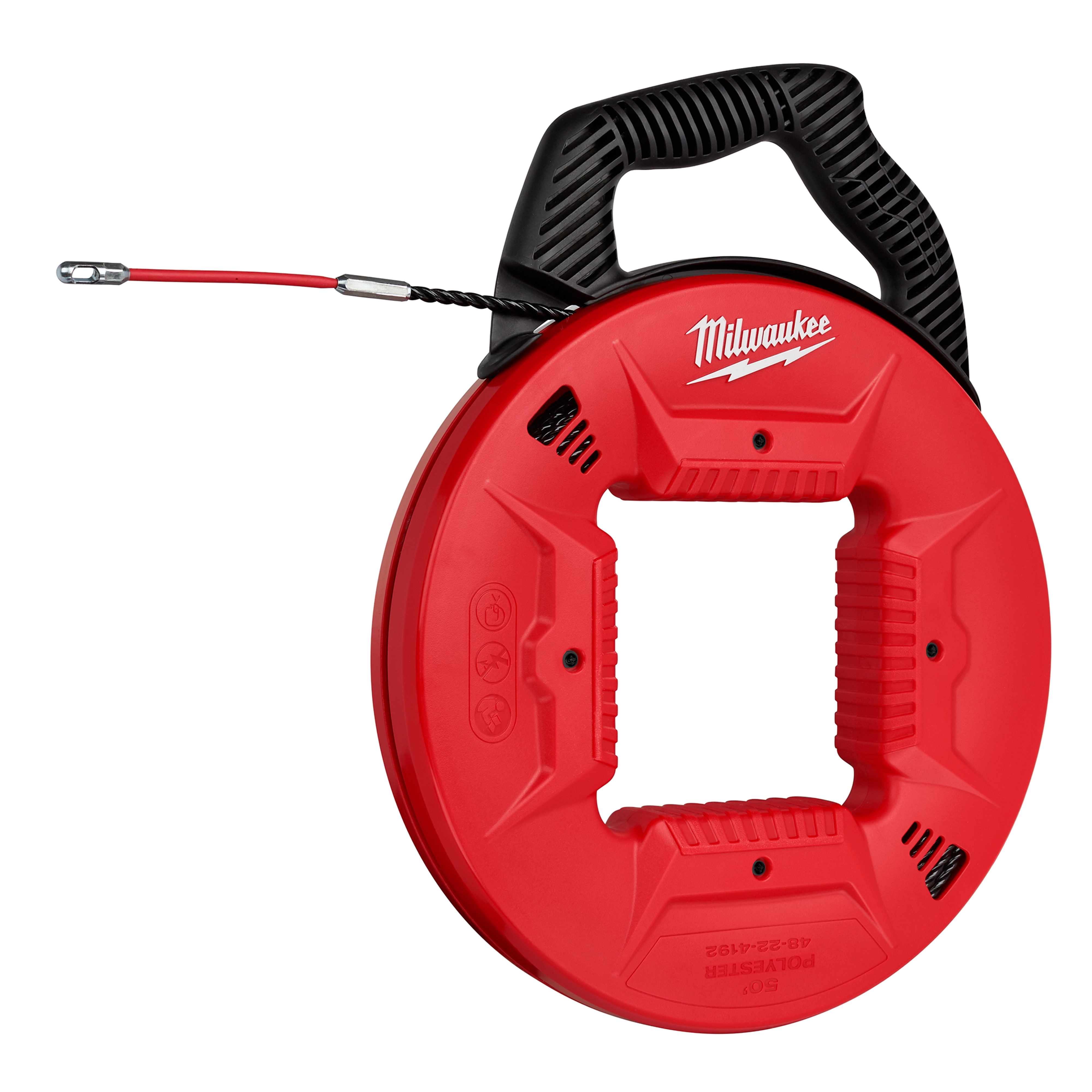 Red Milwaukee 50' Polyester Fish Tape with Flexible Leader, featuring an ergonomic black handle and a coiled tape dispenser.