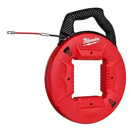 Red Milwaukee 50' Polyester Fish Tape with Flexible Leader, featuring an ergonomic black handle and a coiled tape dispenser.