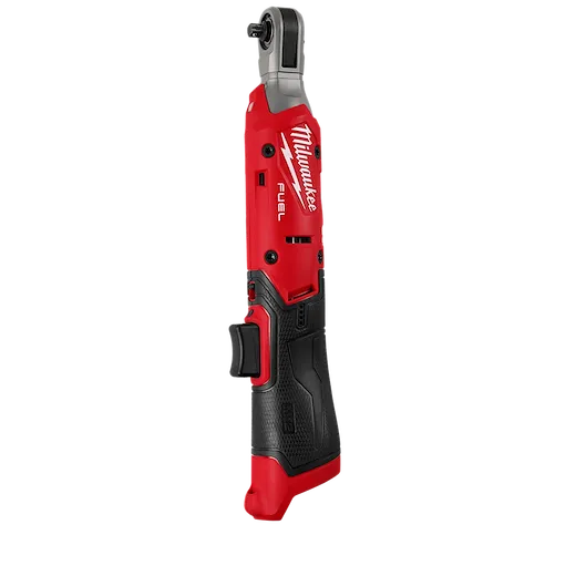 The Milwaukee M12 Fuel Ratchet is a cordless power tool designed in red and black with an ergonomic handle. It features a compact head and LED light. Ideal for automotive and maintenance work, this tool provides high torque and efficient performance.