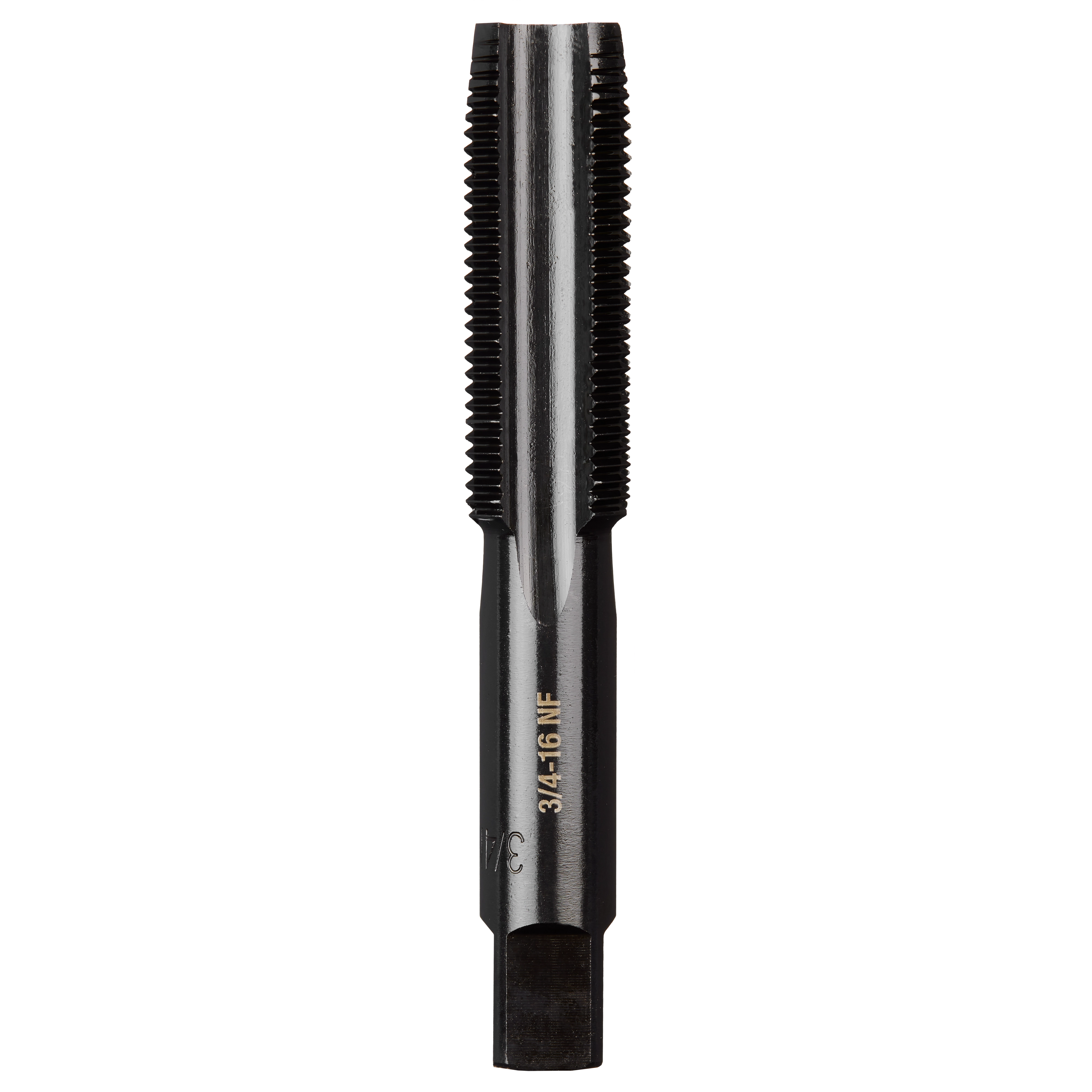The 3/4"-16 NF Straight Flute Plug Tap is a cylindrical, metallic tool with straight flutes for threading purposes.
