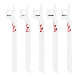 Five white Milwaukee 3-1/2" 24 TPI SAWZALL® blades for Metal Scroll are displayed in a row. Each blade has the word "METAL" printed near the attachment end and the Milwaukee logo in red along the blade's length. Pack contains five blades designed for metal cutting.