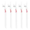 Five white Milwaukee 3-1/2" 24 TPI SAWZALL® blades for Metal Scroll are displayed in a row. Each blade has the word "METAL" printed near the attachment end and the Milwaukee logo in red along the blade's length. Pack contains five blades designed for metal cutting.