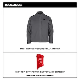 Gray M12 Heated TOUGHSHELL Jacket with a front zipper and black pocket accents, including an M12 Top-Off power supply and charger.