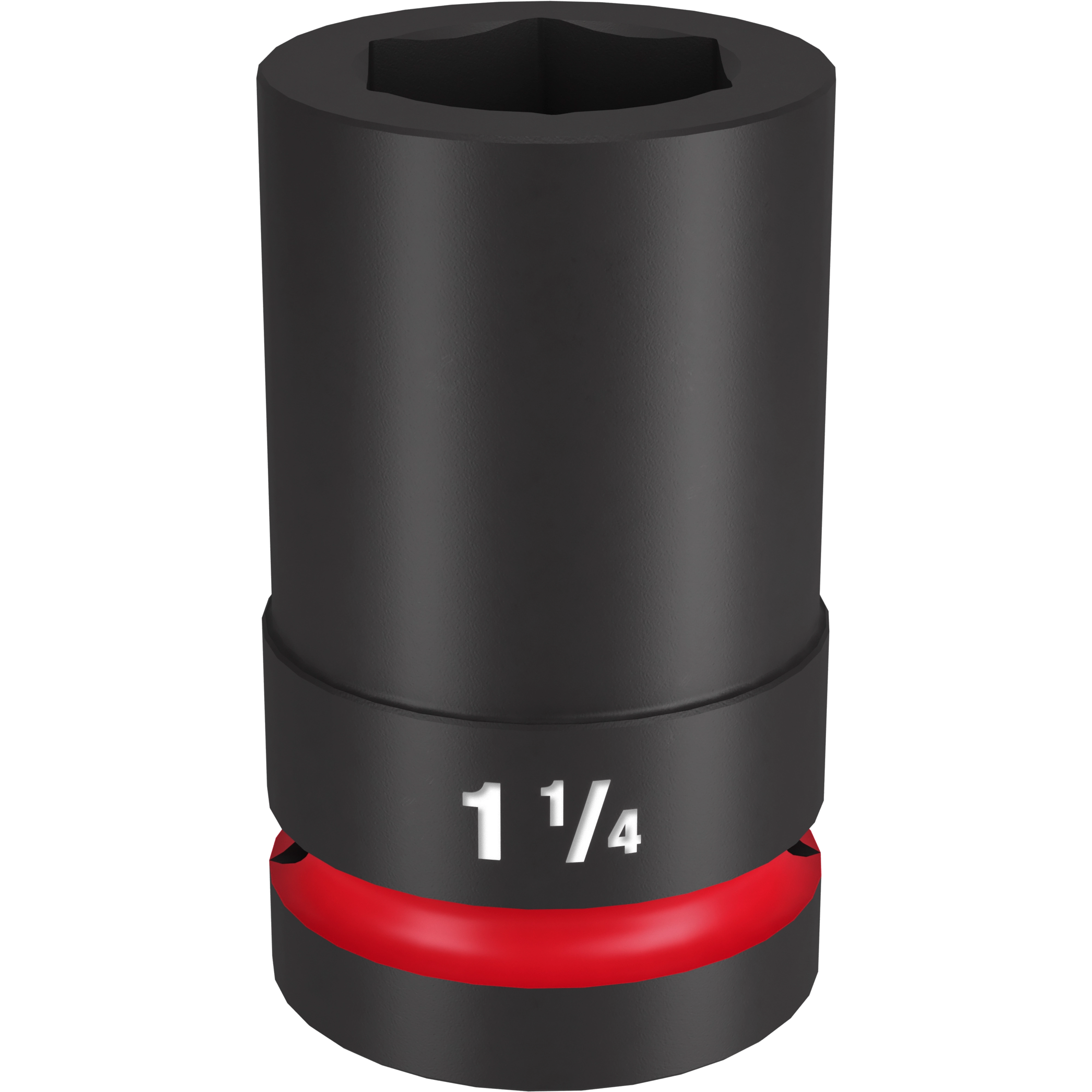 The 1" DR 1-1/4" Deep Impact Socket is a black, cylindrical tool with a red ring and the size marking "1 1/4" in white text. Ideal for heavy-duty applications, it features a durable design for extended use with impact wrenches.