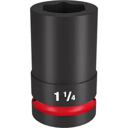 The 1" DR 1-1/4" Deep Impact Socket is a black, cylindrical tool with a red ring and the size marking "1 1/4" in white text. Ideal for heavy-duty applications, it features a durable design for extended use with impact wrenches.