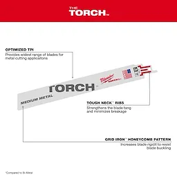 The Torch™ SAWZALL® blade, designed for medium metal cutting, features optimized TPI for wide cutting applications. Tough Neck™ ribs strengthen the blade tang to minimize breakage. The Grid Iron™ honeycomb pattern increases rigidity to resist buckling. Blade length is 9 inches with 14 TPI.