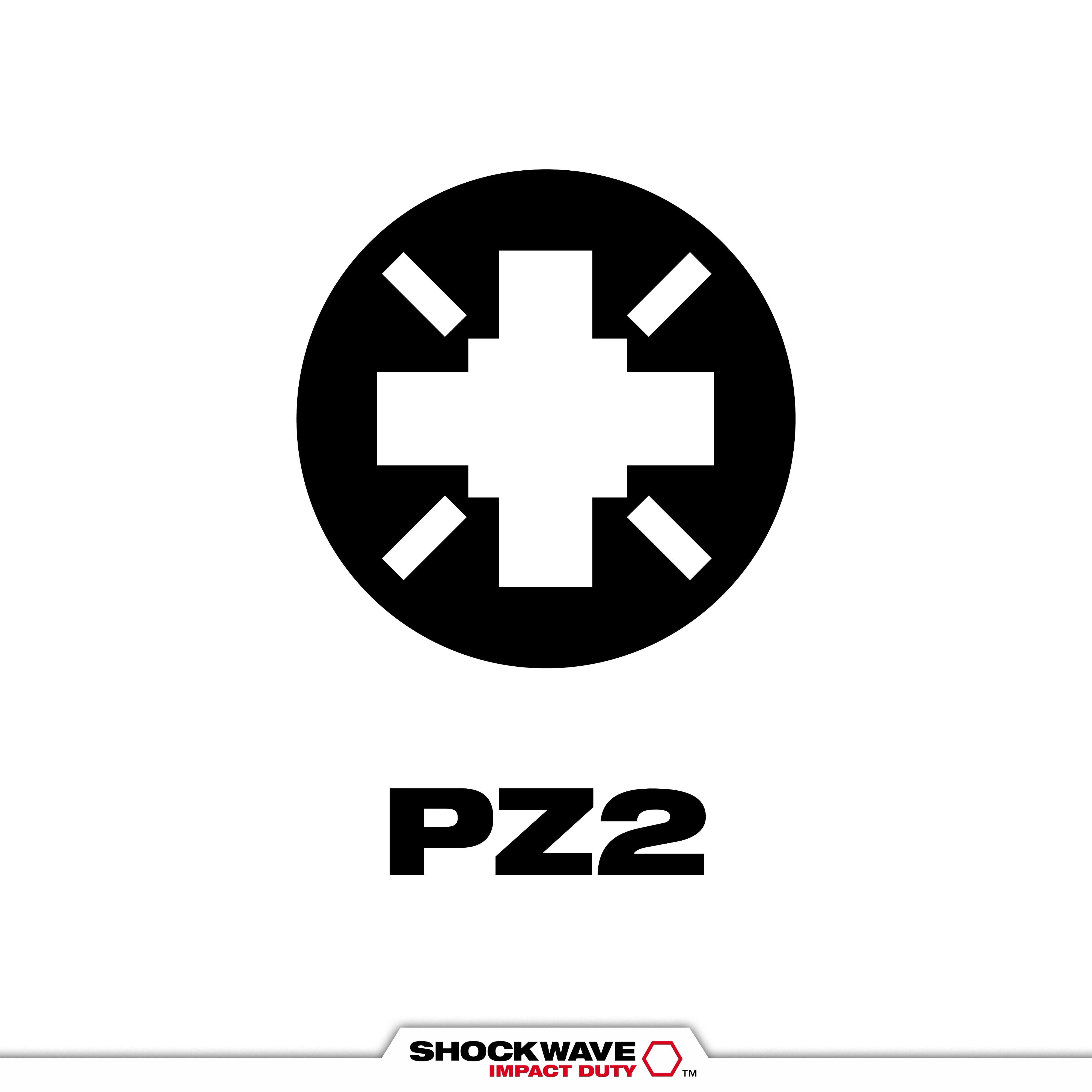 The image displays a black symbol of a cross surrounded by wedges, representing the SHOCKWAVE™ PZ2 Tip Type. Below the symbol, "PZ2" is written in bold, black letters. The SHOCKWAVE™ Impact Duty logo is visible at the bottom center of the image.