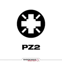 The image displays a black symbol of a cross surrounded by wedges, representing the SHOCKWAVE™ PZ2 Tip Type. Below the symbol, "PZ2" is written in bold, black letters. The SHOCKWAVE™ Impact Duty logo is visible at the bottom center of the image.