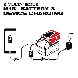 The M18™ TOP-OFF™ Charger & Power Supply can simultaneously charge a phone at 15W and a battery at 100W. The image illustrates connections from a wall outlet to the power supply, and from the power supply to both a phone and a battery.