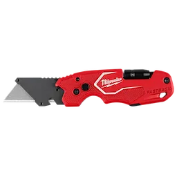 Red FASTBACK 6IN1 Folding Utility Knife with extended silver blade on a plain white background.