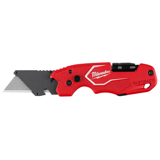 Red FASTBACK 6IN1 Folding Utility Knife with extended silver blade on a plain white background.