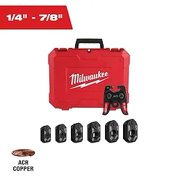 Milwaukee’s ZoomLock MAX® & MaxiPro® Pivoting Press Ring Kit for M18™ FORCE LOGIC™ Press Tool includes a red carrying case, pivoting press ring tool, and six interchangeable press rings. Components are designed for use with ACR copper and can handle 1/4" to 7/8" pipe sizes.