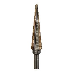 Milwaukee Cobalt Step Bit #1 is a tapered drill bit with graduated sizes etched on its surface, starting from 1/8 inch to 1/2 inch. It has a sharp point and a durable, cobalt-coated surface designed for drilling through metal.