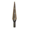 Milwaukee Cobalt Step Bit #1 is a tapered drill bit with graduated sizes etched on its surface, starting from 1/8 inch to 1/2 inch. It has a sharp point and a durable, cobalt-coated surface designed for drilling through metal.