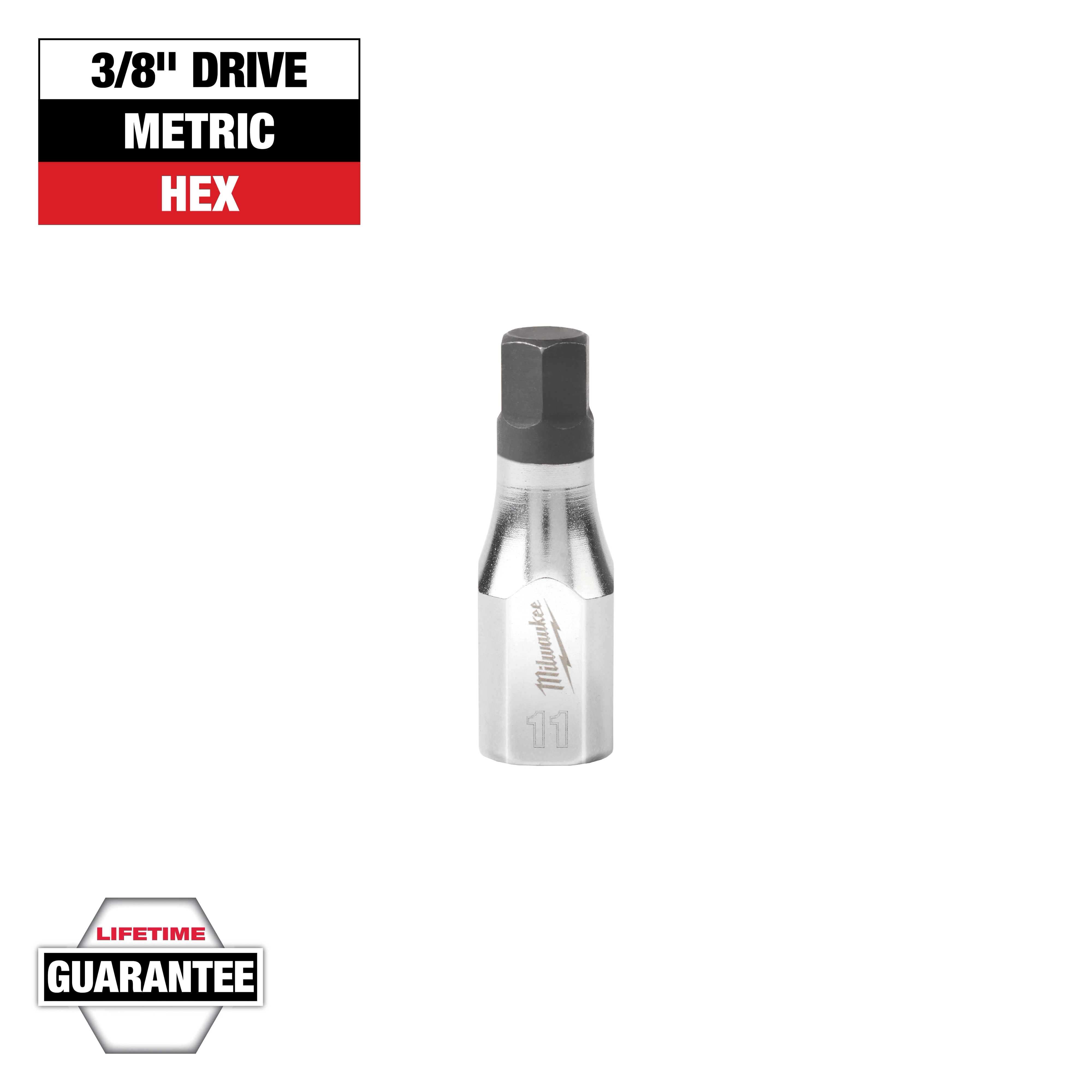 The image shows a 3/8" drive metric hex socket from Milwaukee. The socket has an 11mm hex bit attached to a chrome metallic body, with the brand name etched on it. Above the socket, there is a label indicating the drive type, and below, there is a lifetime guarantee badge.