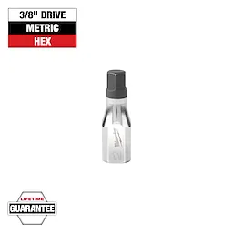 The image shows a 3/8" drive metric hex socket from Milwaukee. The socket has an 11mm hex bit attached to a chrome metallic body, with the brand name etched on it. Above the socket, there is a label indicating the drive type, and below, there is a lifetime guarantee badge.