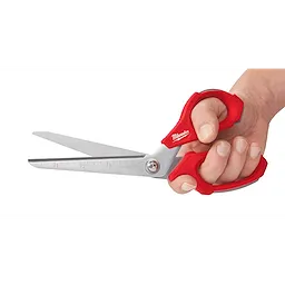Offset Jobsite Scissors with red handles are held in a hand. The stainless steel blades feature measurement markings and the brand logo is visible on the handle. The scissors are designed for heavy-duty use on job sites.