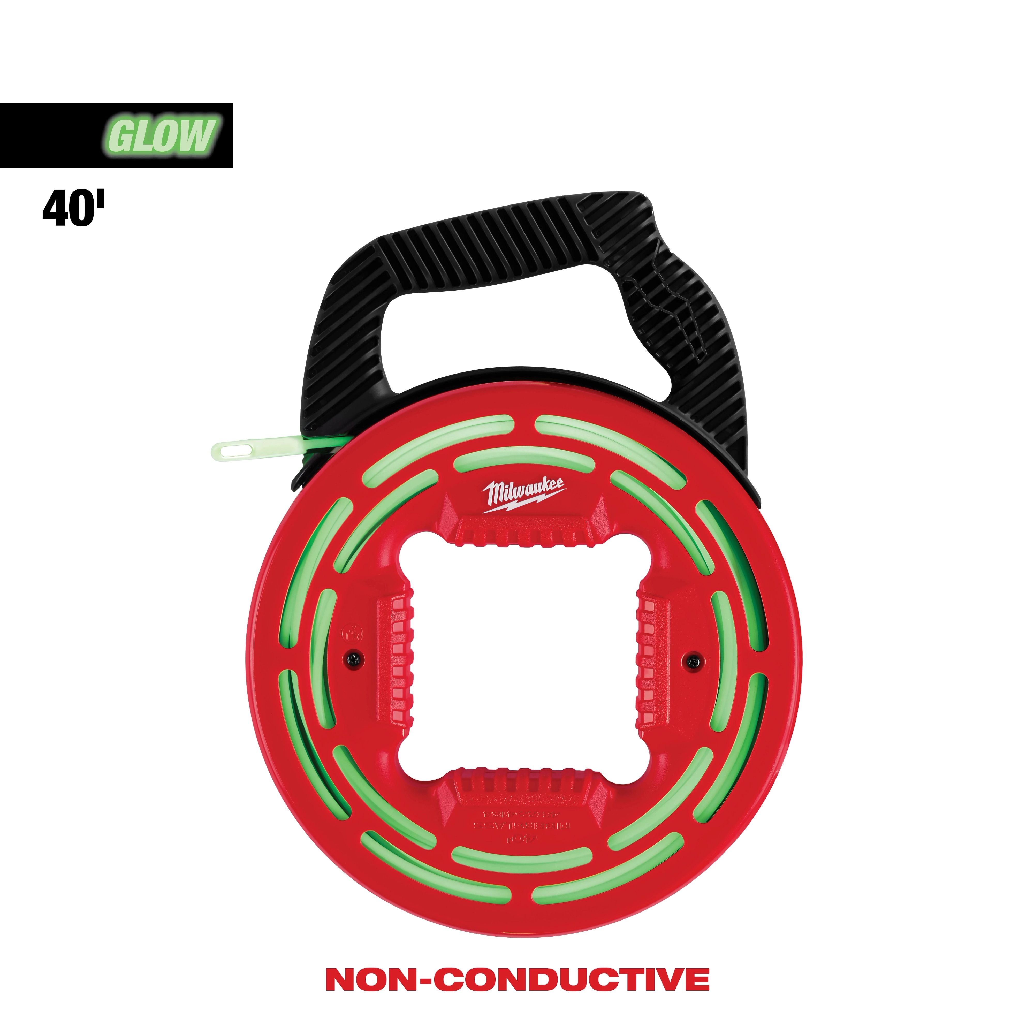 40' Glow Fish Tape with a red circular casing, black handle, and green accents, indicated as non-conductive.