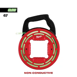 40' Glow Fish Tape with a red circular casing, black handle, and green accents, indicated as non-conductive.