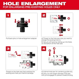 The image provides instructions for using the Hole Enlargement Thread Adapter for QUIK-LOK™ Arbors. It shows four steps to set up the adapter and thread it onto a hole saw, illustrating how to securely attach and operate the tool for enlarging pre-existing holes.