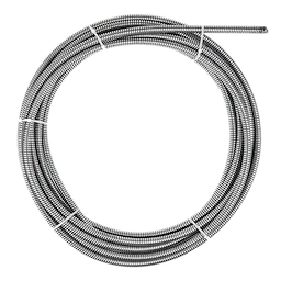 Coiled drain cleaning cable for use with plumbing snake machines, intended for clearing clogs in pipes and drains.