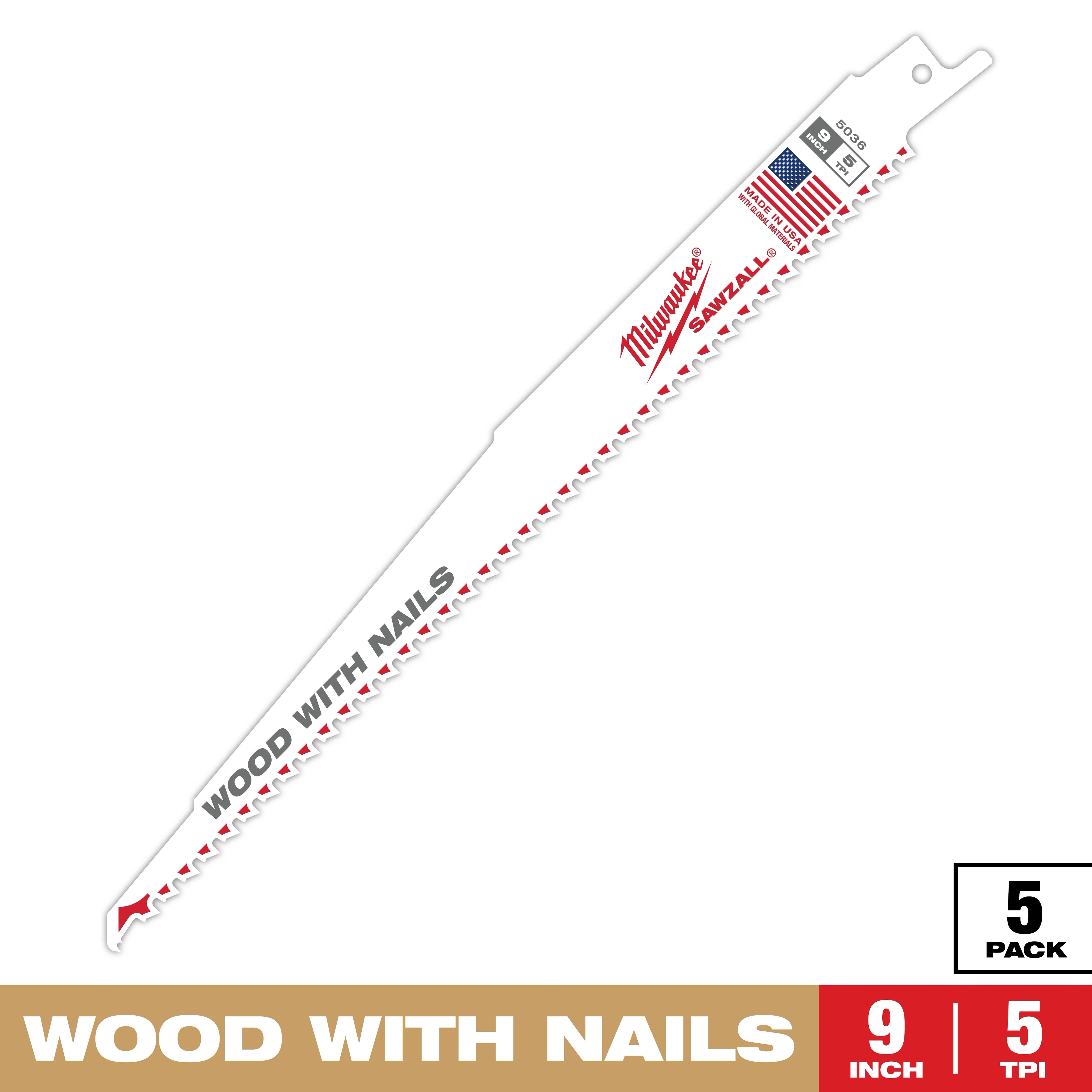 Milwaukee Sawzall Blade for cutting wood with nails, shown in a single blade format. This 9-inch blade has five teeth per inch and comes in a pack of five. The packaging emphasizes its capability for cutting through both wood and nails. Made in the USA.