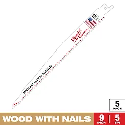 Milwaukee Sawzall Blade for cutting wood with nails, shown in a single blade format. This 9-inch blade has five teeth per inch and comes in a pack of five. The packaging emphasizes its capability for cutting through both wood and nails. Made in the USA.