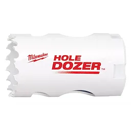 The RANGE OF Hole Dozer Bi-Metal Hole Saw 1-1/4" 1-5/16" is a white cylindrical tool with saw teeth and red branding text.