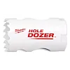 The RANGE OF Hole Dozer Bi-Metal Hole Saw 1-1/4" 1-5/16" is a white cylindrical tool with saw teeth and red branding text.