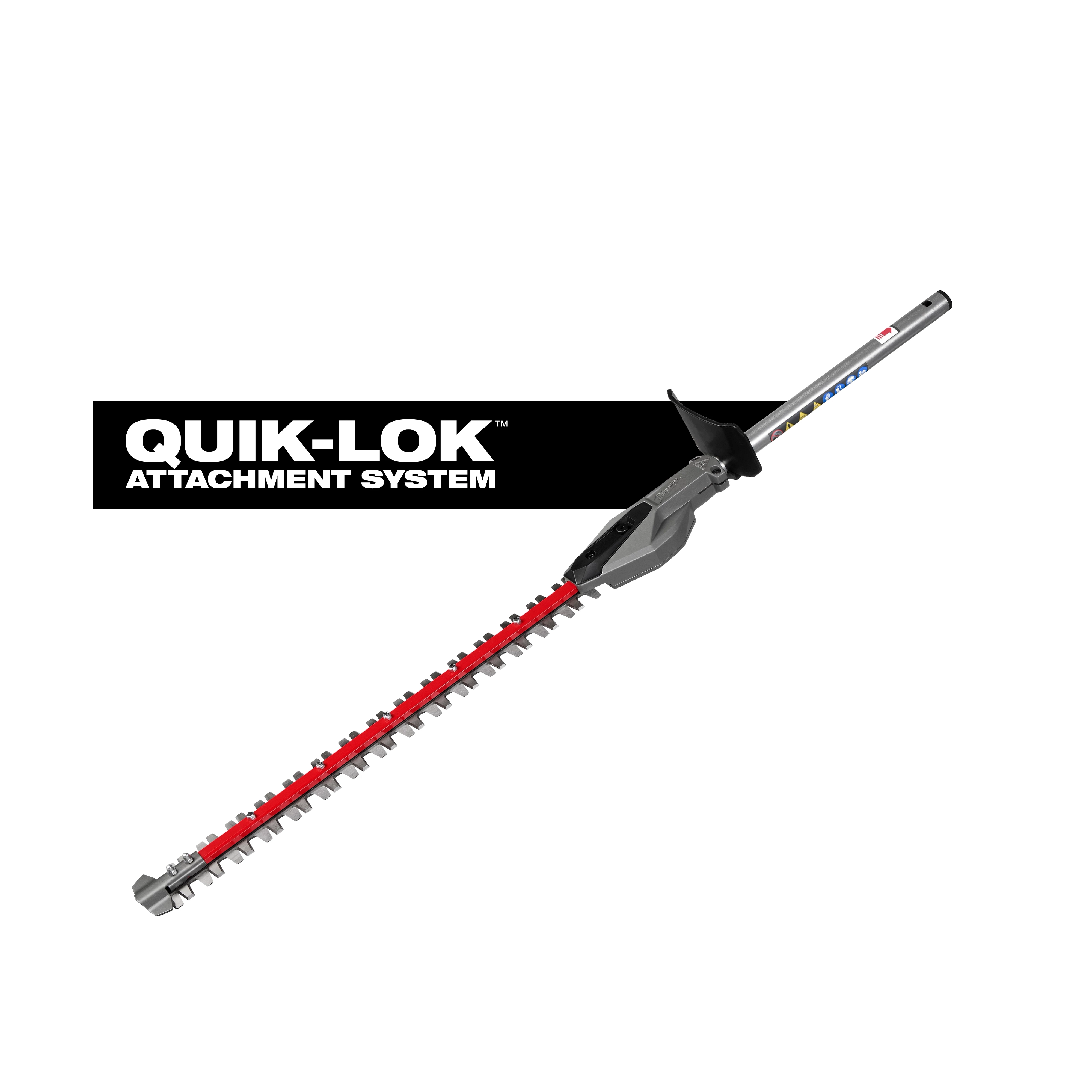 QUIK-LOK Short Pole Hedge Trimmer Attachment with a long red blade and gray housing on a white background.