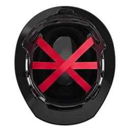 BOLT Black Full Brim Hard Hat with 6-point ratcheting suspension features durable construction, adjustable straps, and a Type 1, Class E safety rating. The interior contains straps for comfort and fit. Made in the USA, this hard hat is designed for protection in various industrial environments.