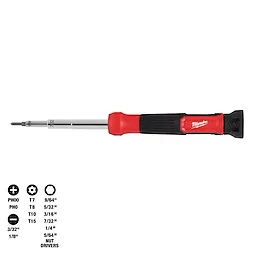 14-in-1 Precision Multi-Bit Screwdriver with red and black handle, displaying interchangeable bits and sizes including Phillips, Torx, slotted, and nut drivers.